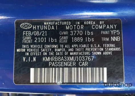 2021 Hyundai Venue Se from USA, damaged, VIN KMHRB8A3XMU103767